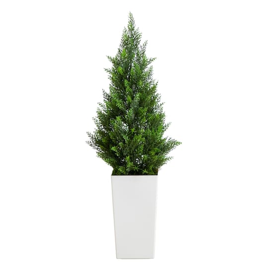 45" UV Resistant Artificial Cedar Tree in White Tower Planter (Indoor/Outdoor) By Nearly Natural in Green | 15" x 15" x 45" | Michaels®